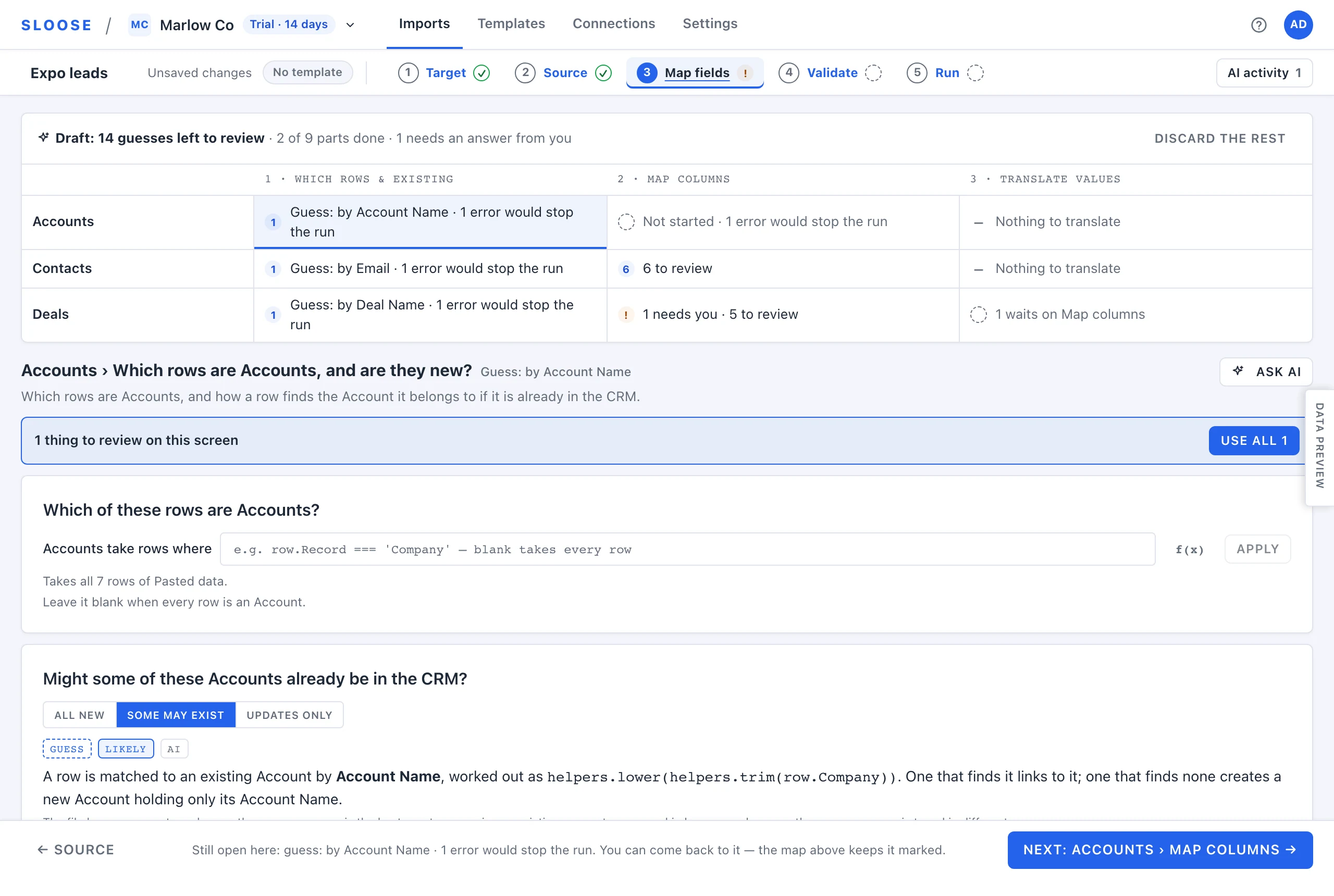 The finished draft of an import in Sloose, listing what was mapped and what is left to review.