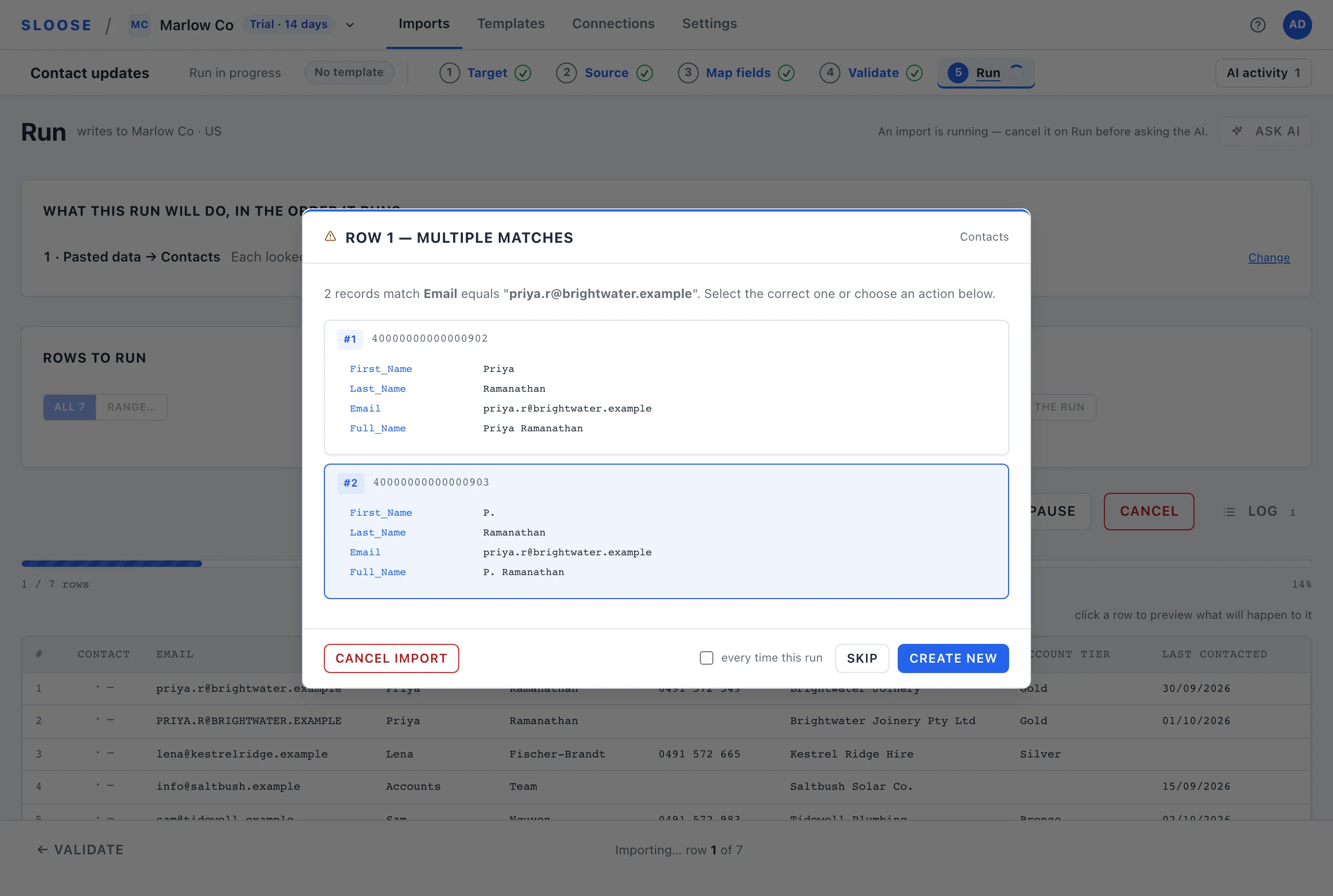 A dialog during an import asking which of two matching contacts to update, or whether to skip or create.