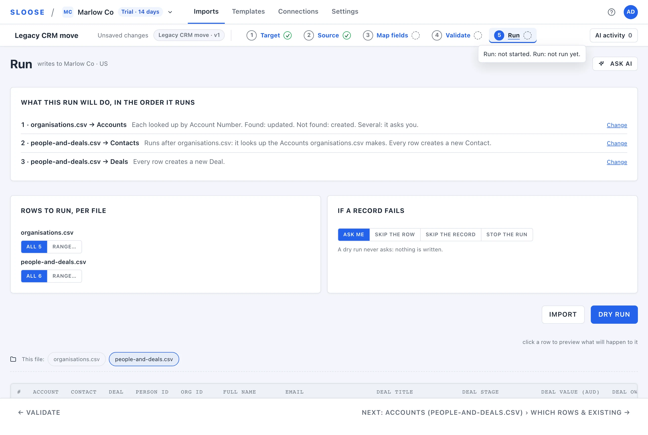 Two files in one import, with the Run step showing that the people-and-deals file runs after the organisations file.