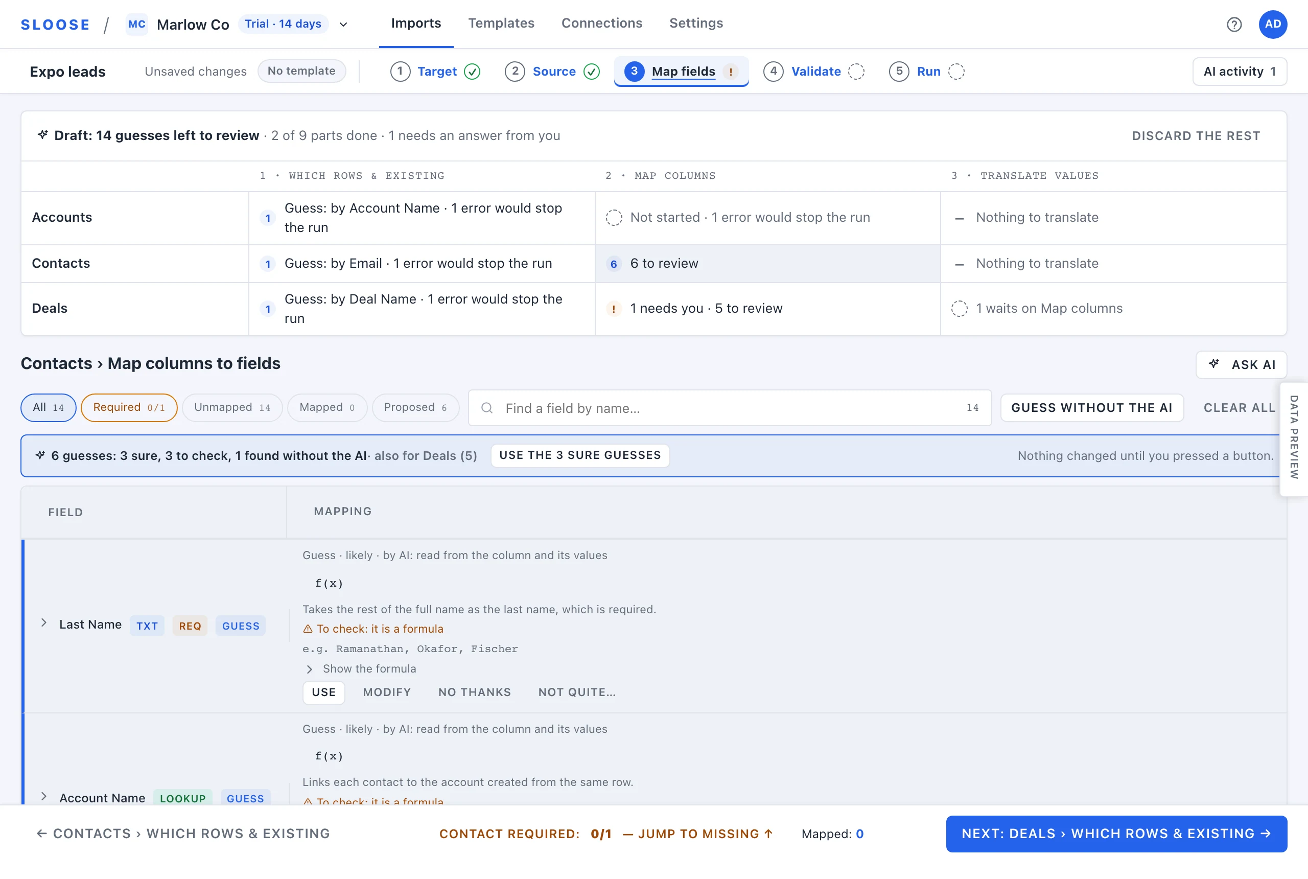 The Map fields step of an import, showing one spreadsheet feeding three modules: Accounts, Contacts and Deals.