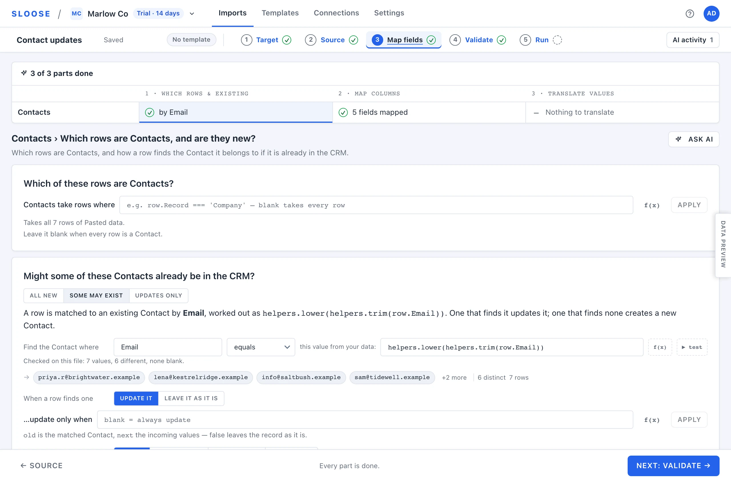 Match settings for contacts in Sloose: match on email in lower case, update on one match, ask on several.