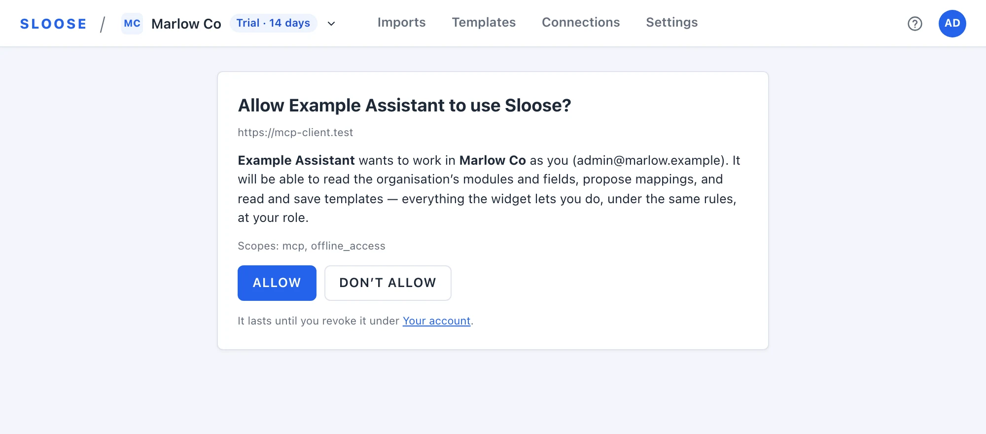 The Sloose consent page asking whether to let an AI assistant use an organisation.