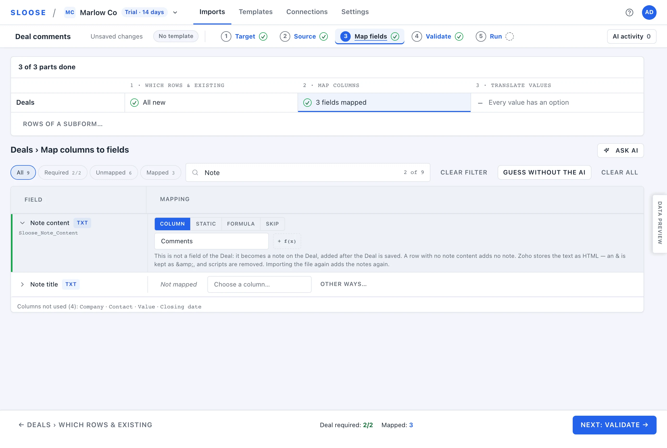Map fields in Sloose: the Note content row of Deals, mapped from the Comments column, with a line saying it becomes a note on the deal after the deal is saved.