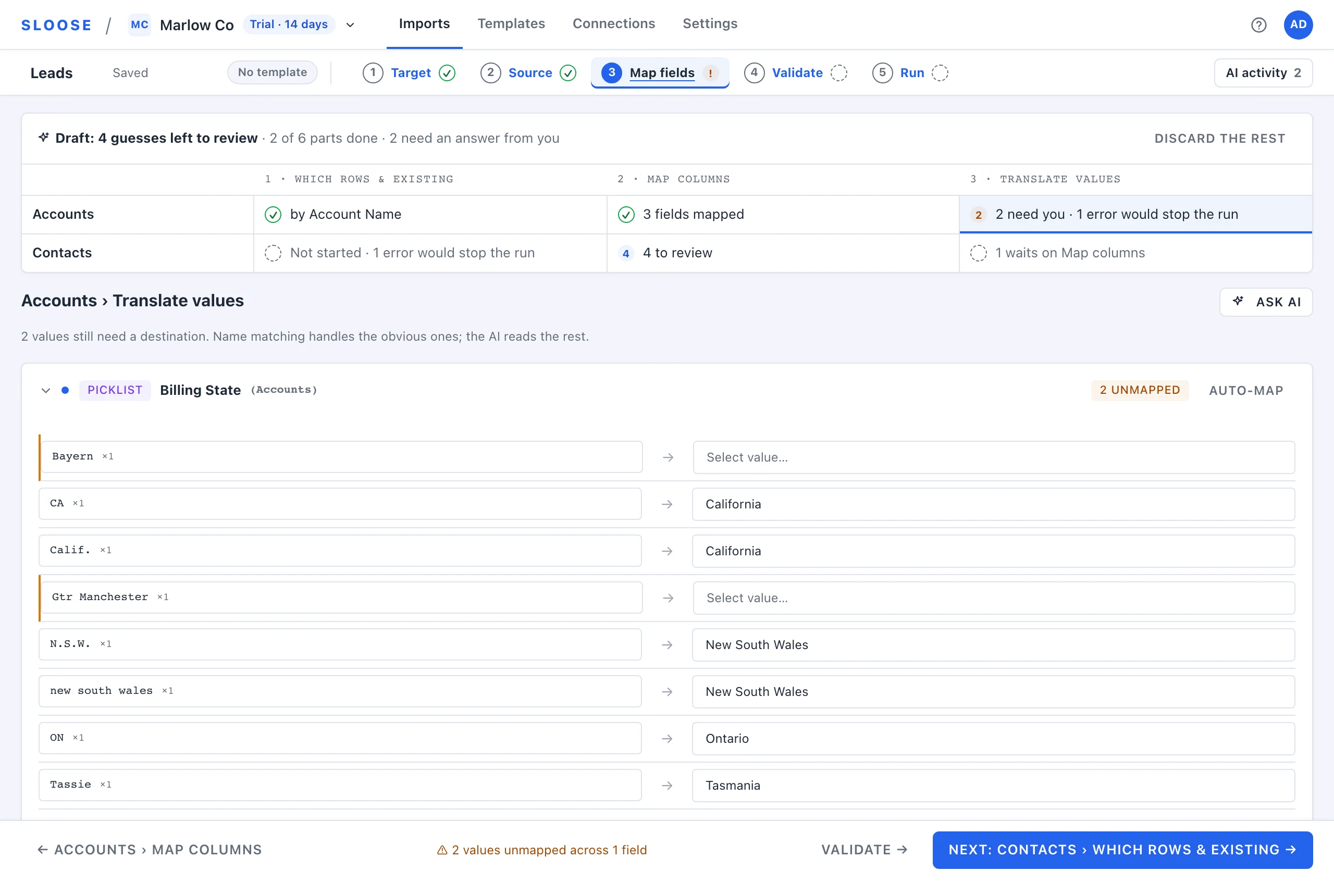 Sloose translating spreadsheet values such as N.S.W. and Calif. into the CRM picklist options New South Wales and California.