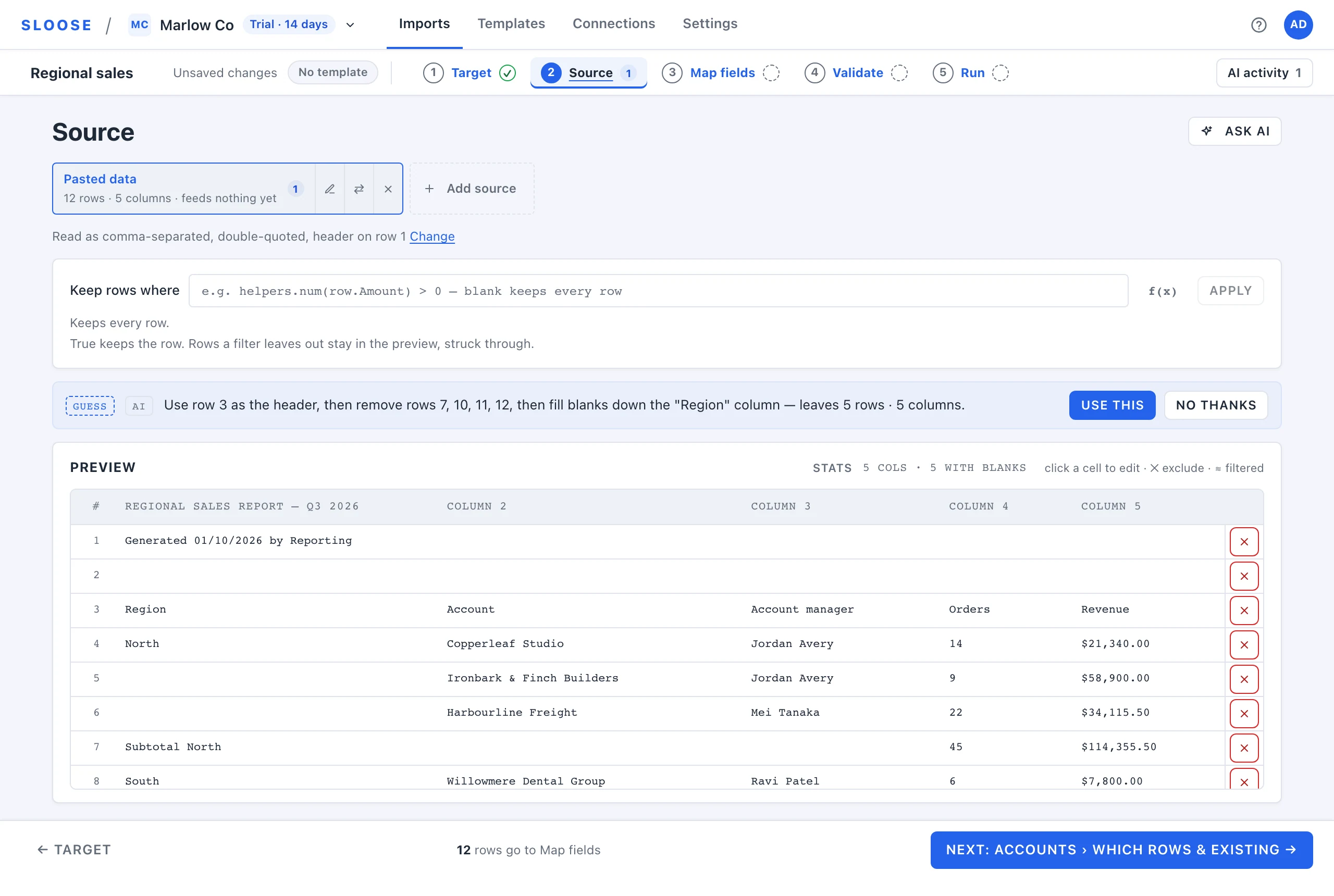 Sloose reshaping a sales report: a list of steps such as "use row 3 as the header" and "fill down Region", with a preview of the result.