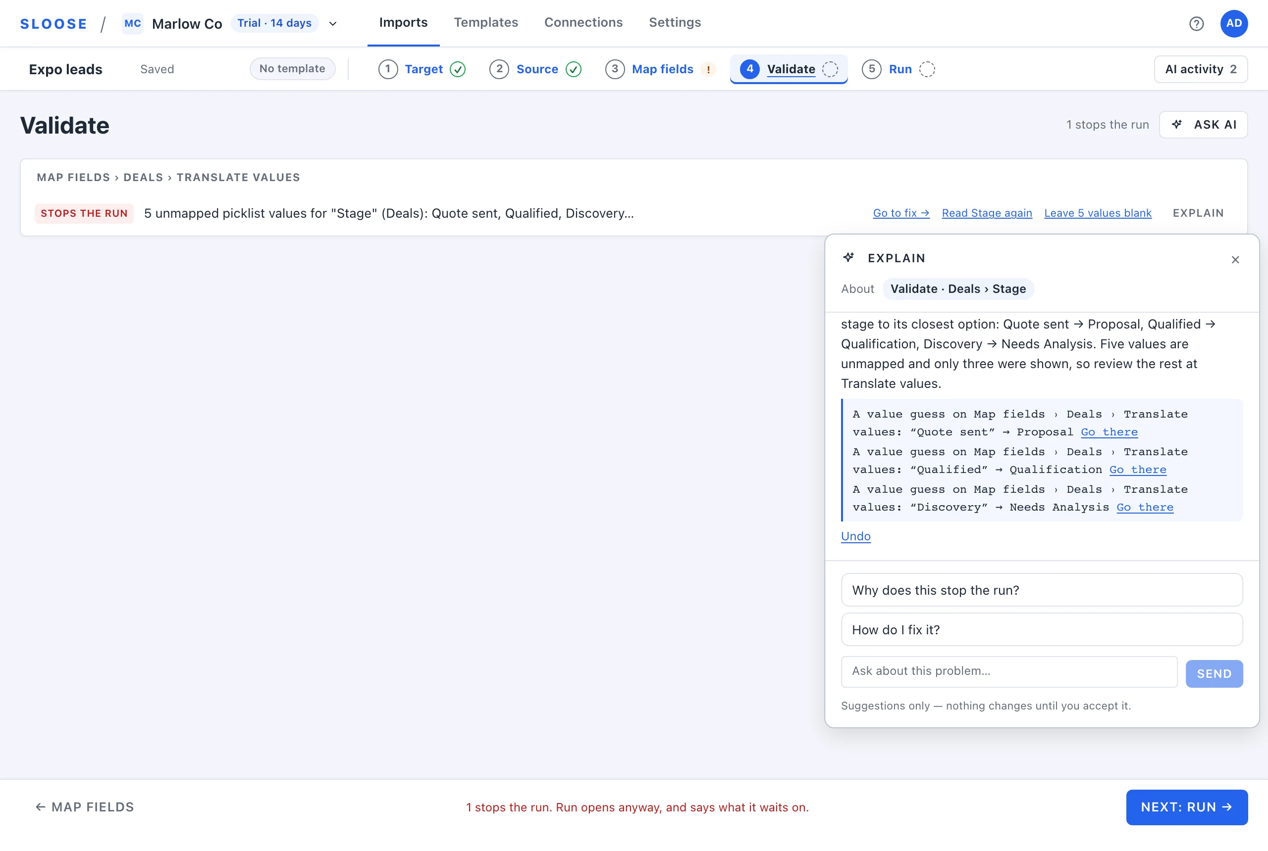 The Validate step in Sloose with a problem listed and an explanation beside it, proposing translations you can review or undo.