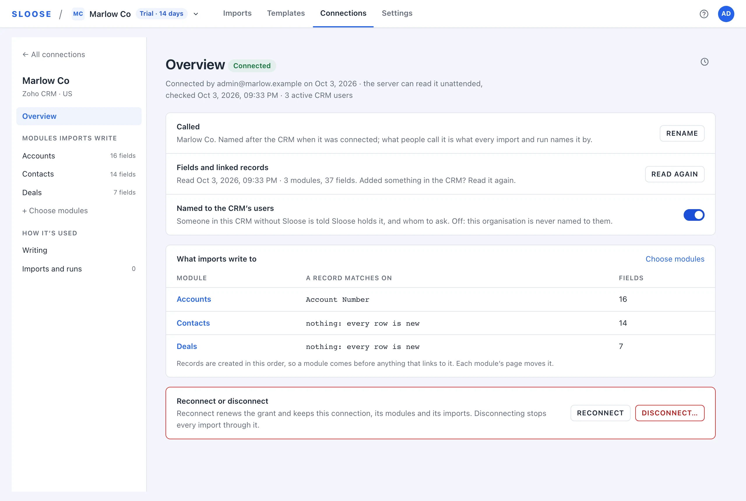 The Overview page of a Zoho CRM connection in Sloose.