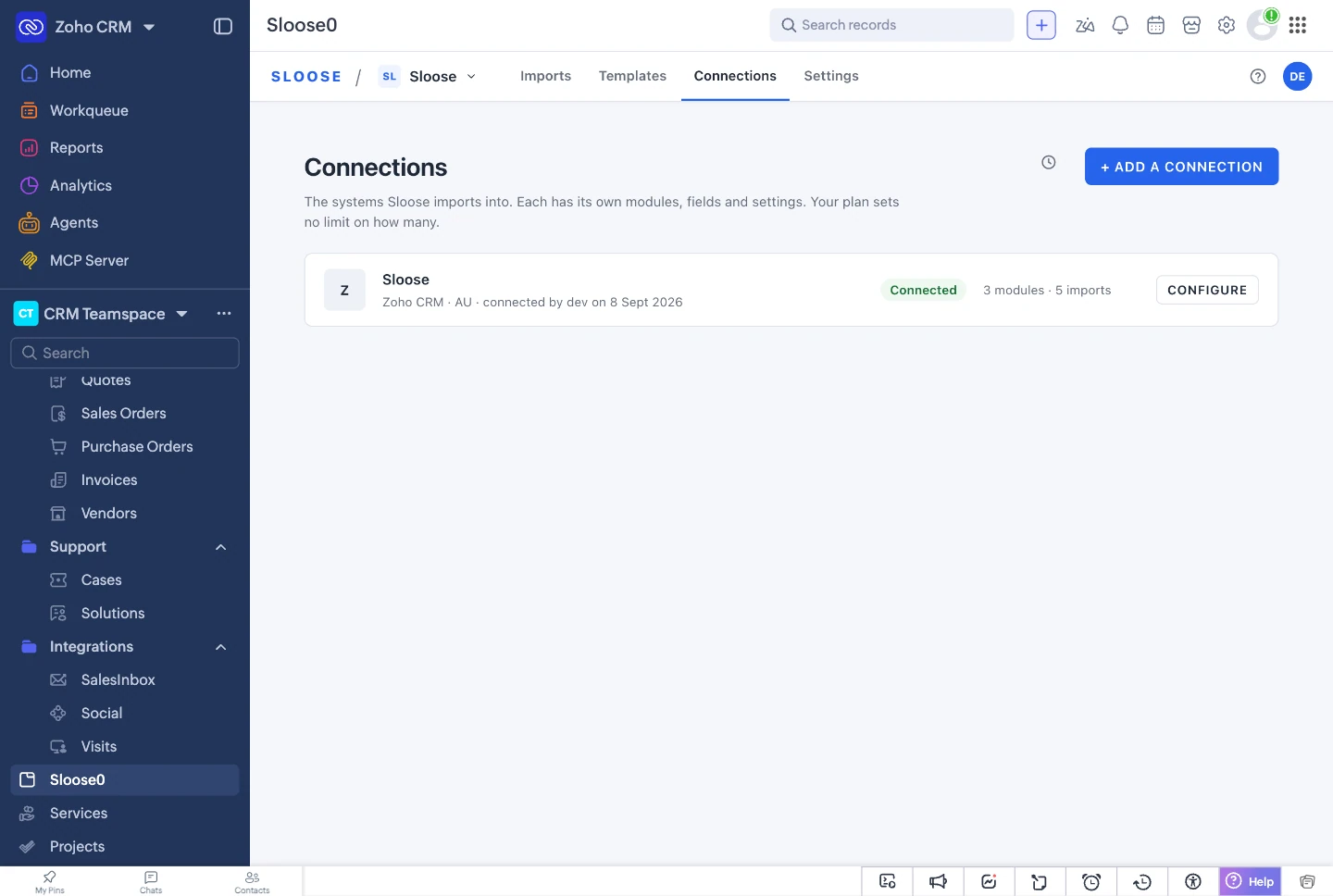 Sloose running inside a Zoho CRM tab, with the CRM navigation around it.