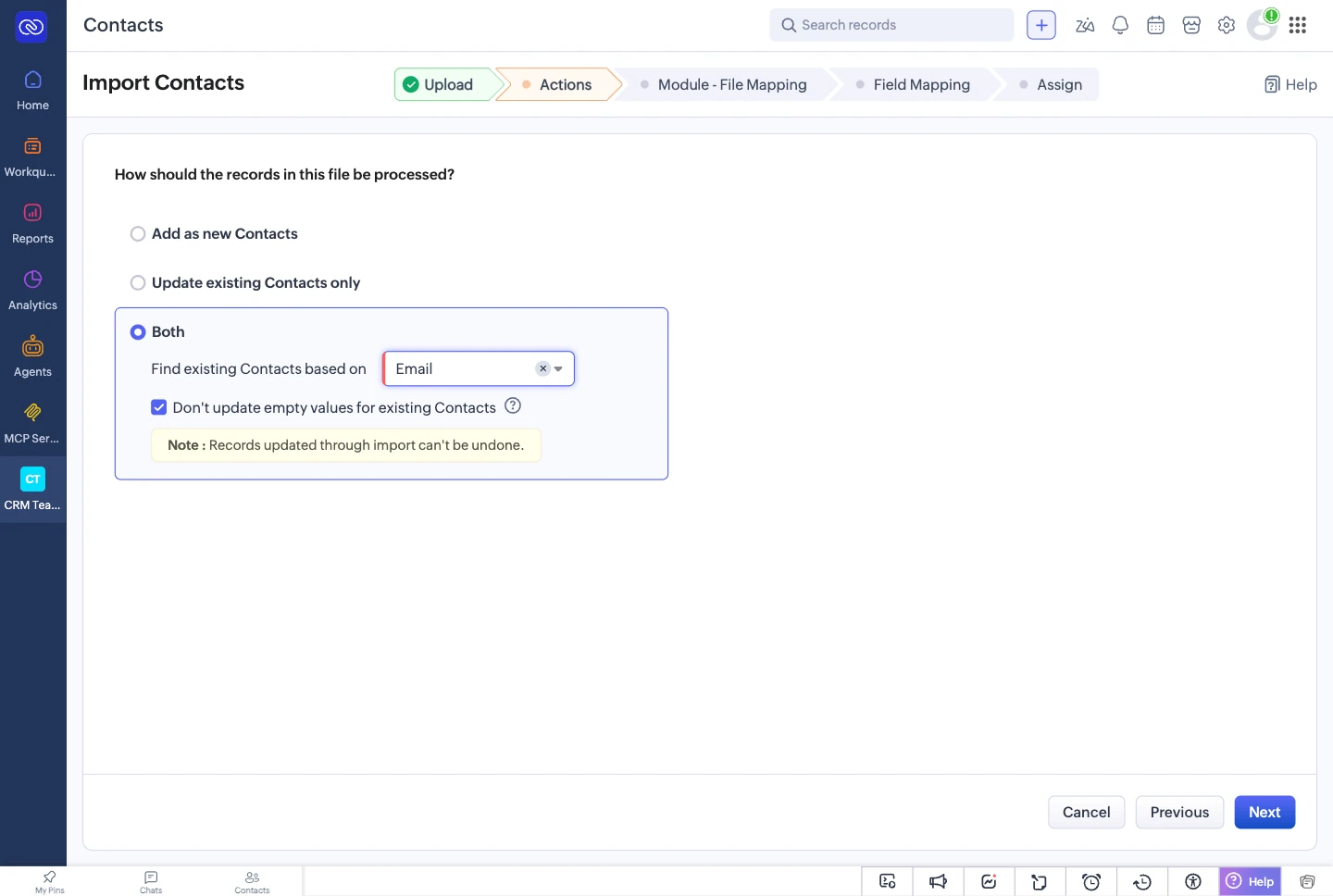 Zoho CRM’s import setting for duplicates: add as new, update existing, or both.