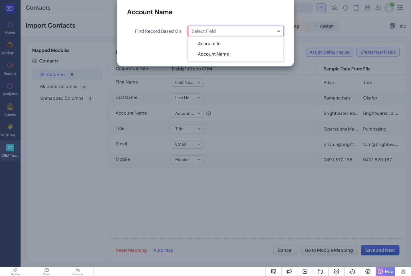 Zoho CRM’s import asking how a lookup column should find its record.