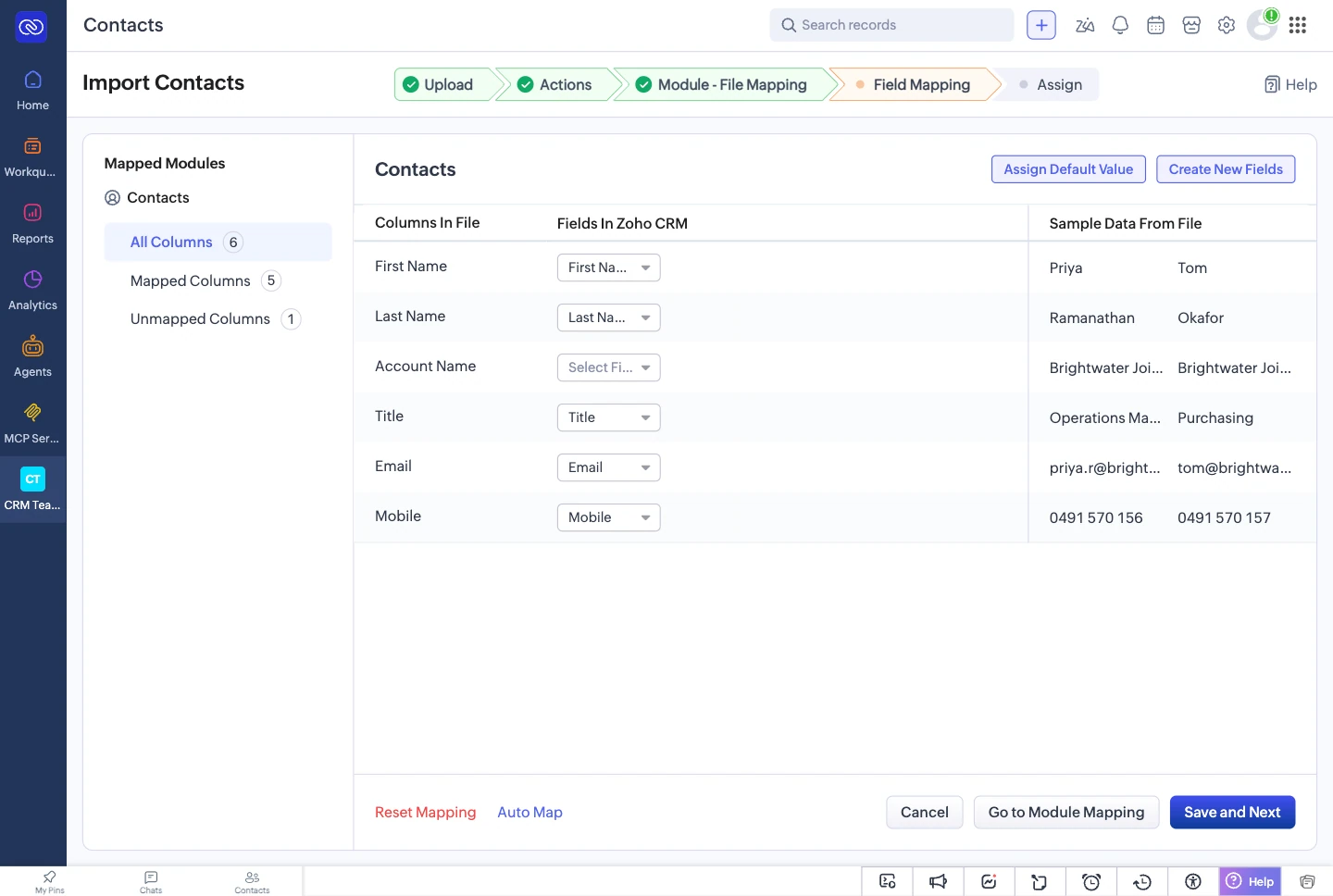 Zoho CRM’s import mapping columns to contact fields.