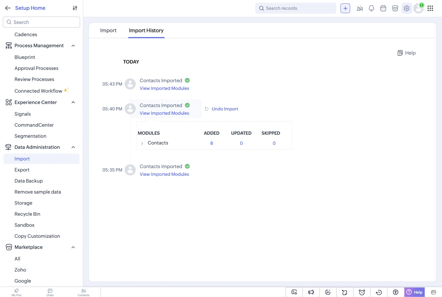 Zoho CRM’s import result: every row added, though some Lead Source values are not options of the field.