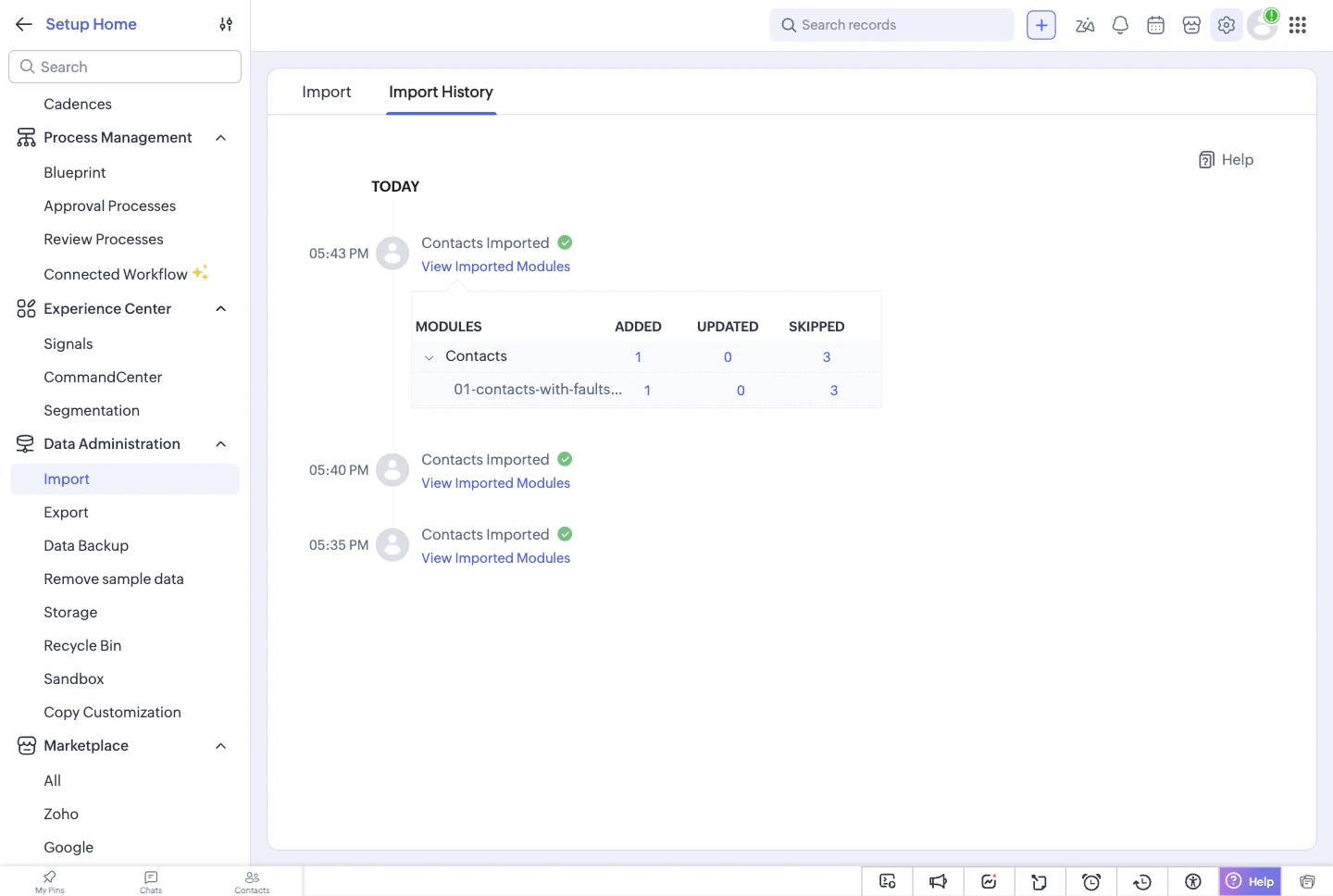 Zoho CRM’s import history offering a download of the records it skipped.