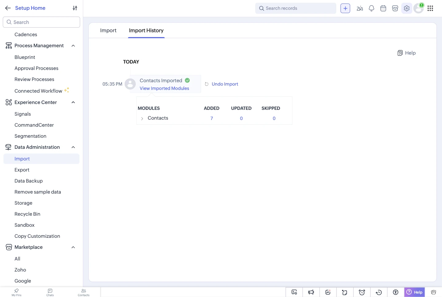 Zoho CRM’s import history offering to undo an import.