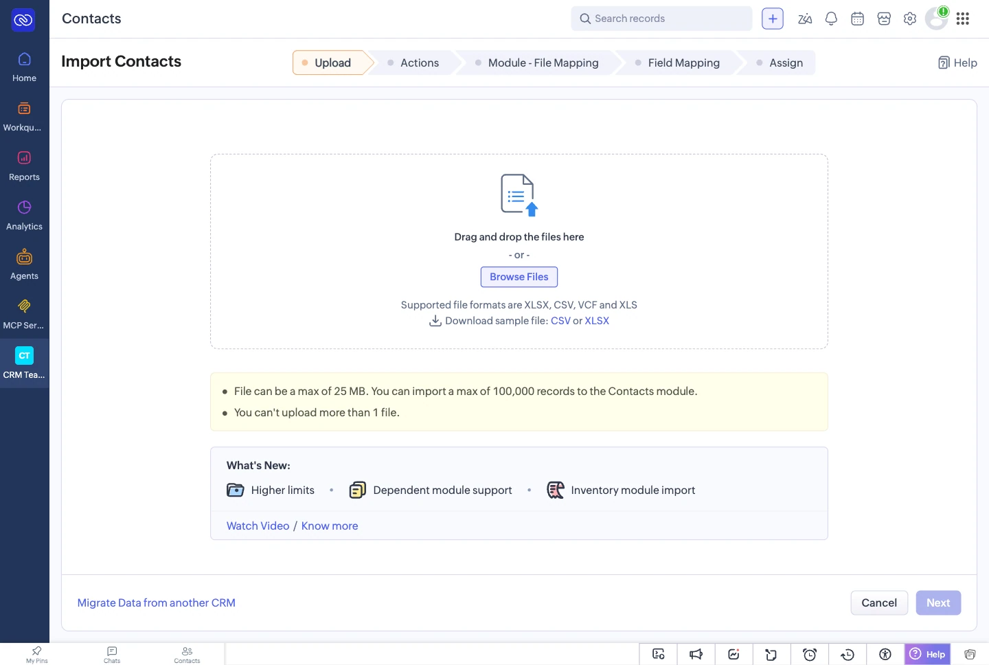 Zoho CRM’s built-in import, at the step where a file is uploaded for one module.